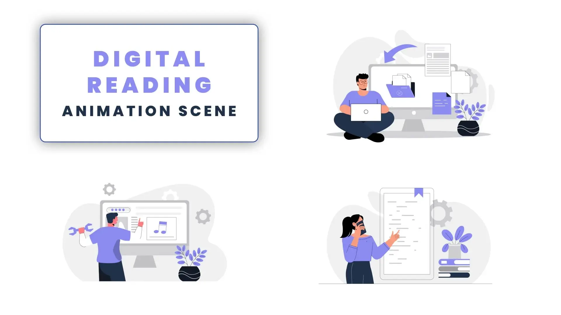 Interactive Digital Reading Animation Scene Template in Flat Design